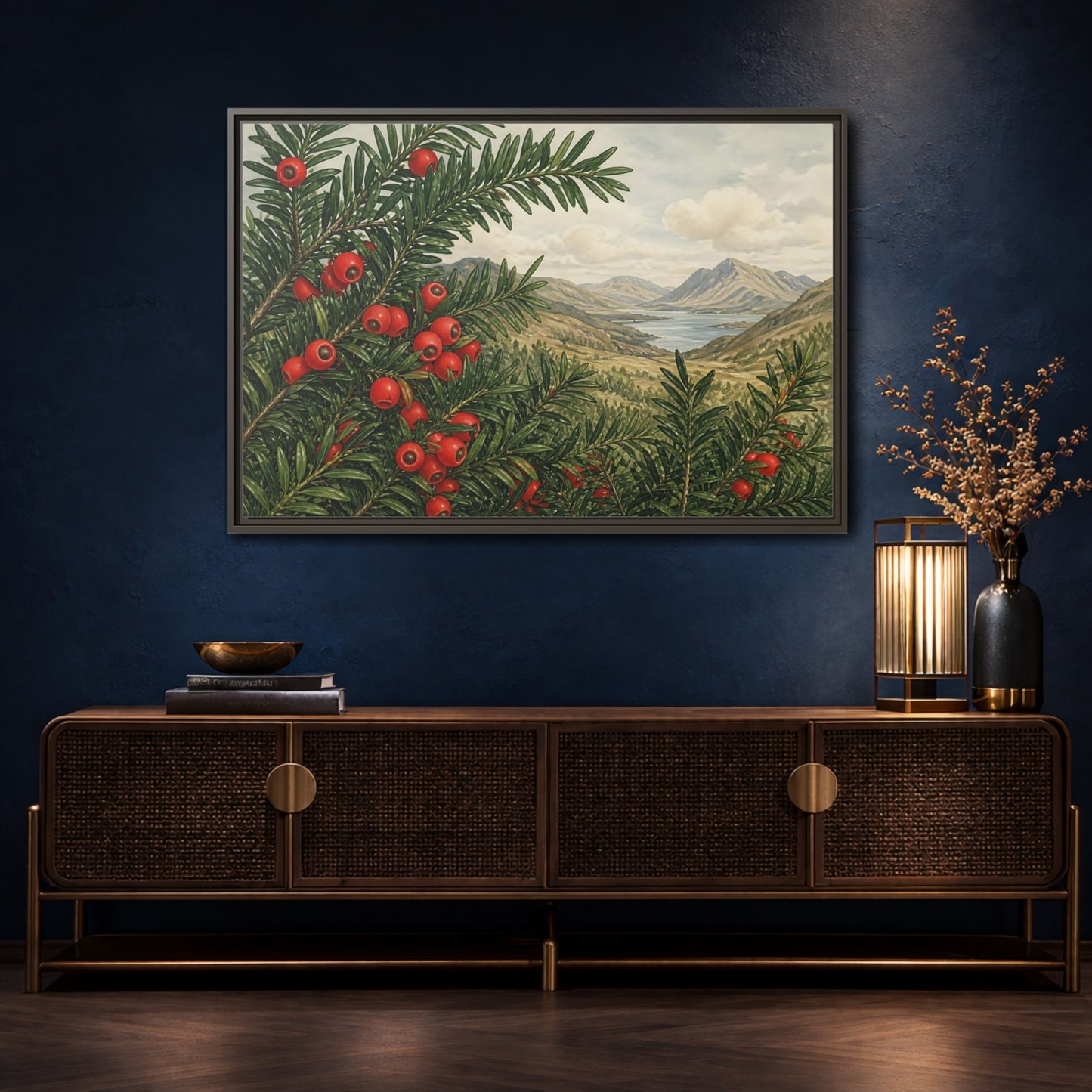Mockup 4. Yew Branches With Red Berries shown as framed canvas print