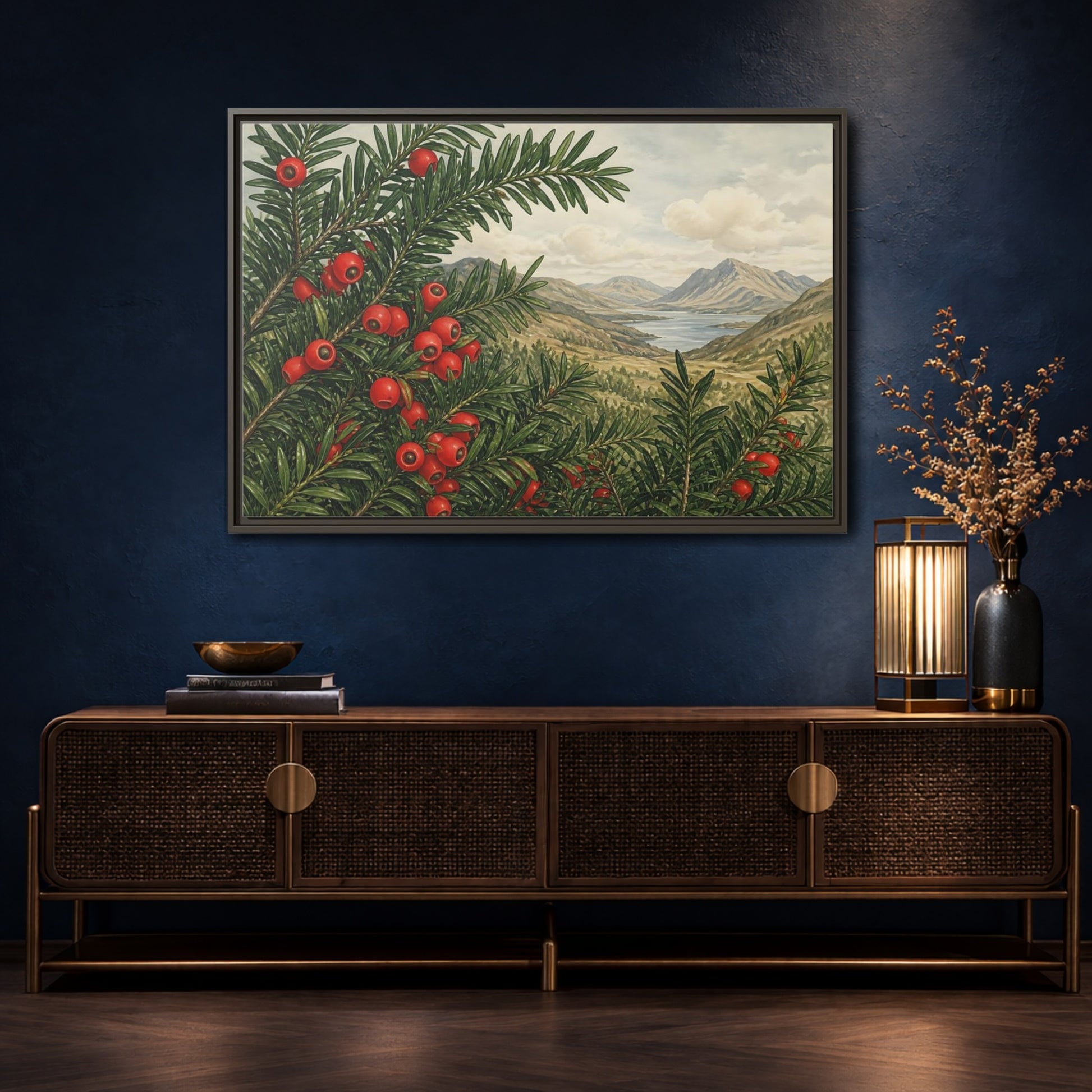 Mockup 4. Yew Branches With Red Berries shown as framed canvas print