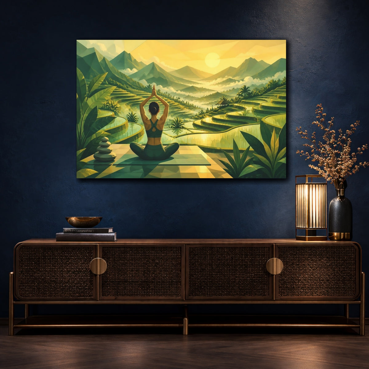 Mockup 4. Yoga At Rice Terraces shown as canvas print