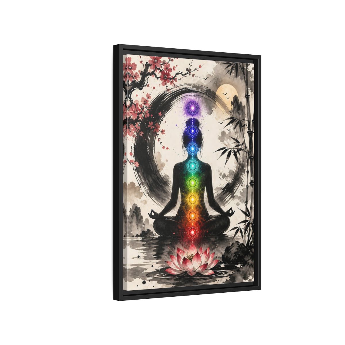 Side Mockup 3. Yoga Chakra Silhouette shown as framed canvas print