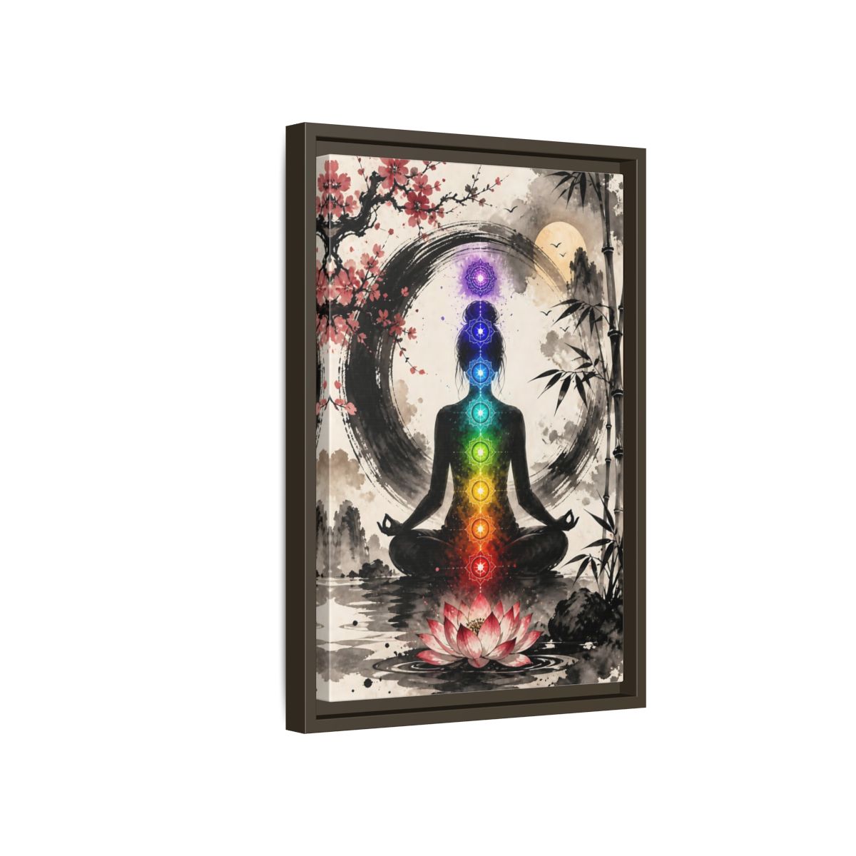 Side Mockup 5. Yoga Chakra Silhouette shown as framed canvas print