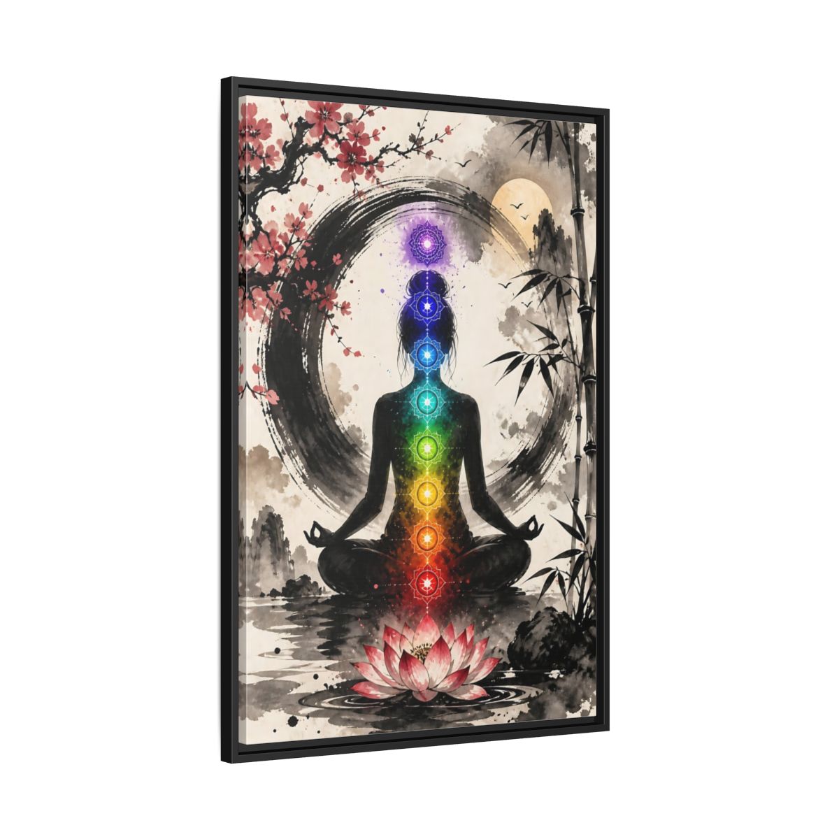 Side Mockup 13. Yoga Chakra Silhouette shown as framed canvas print