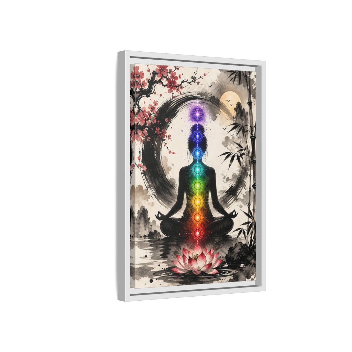 Side Mockup 4. Yoga Chakra Silhouette shown as framed canvas print