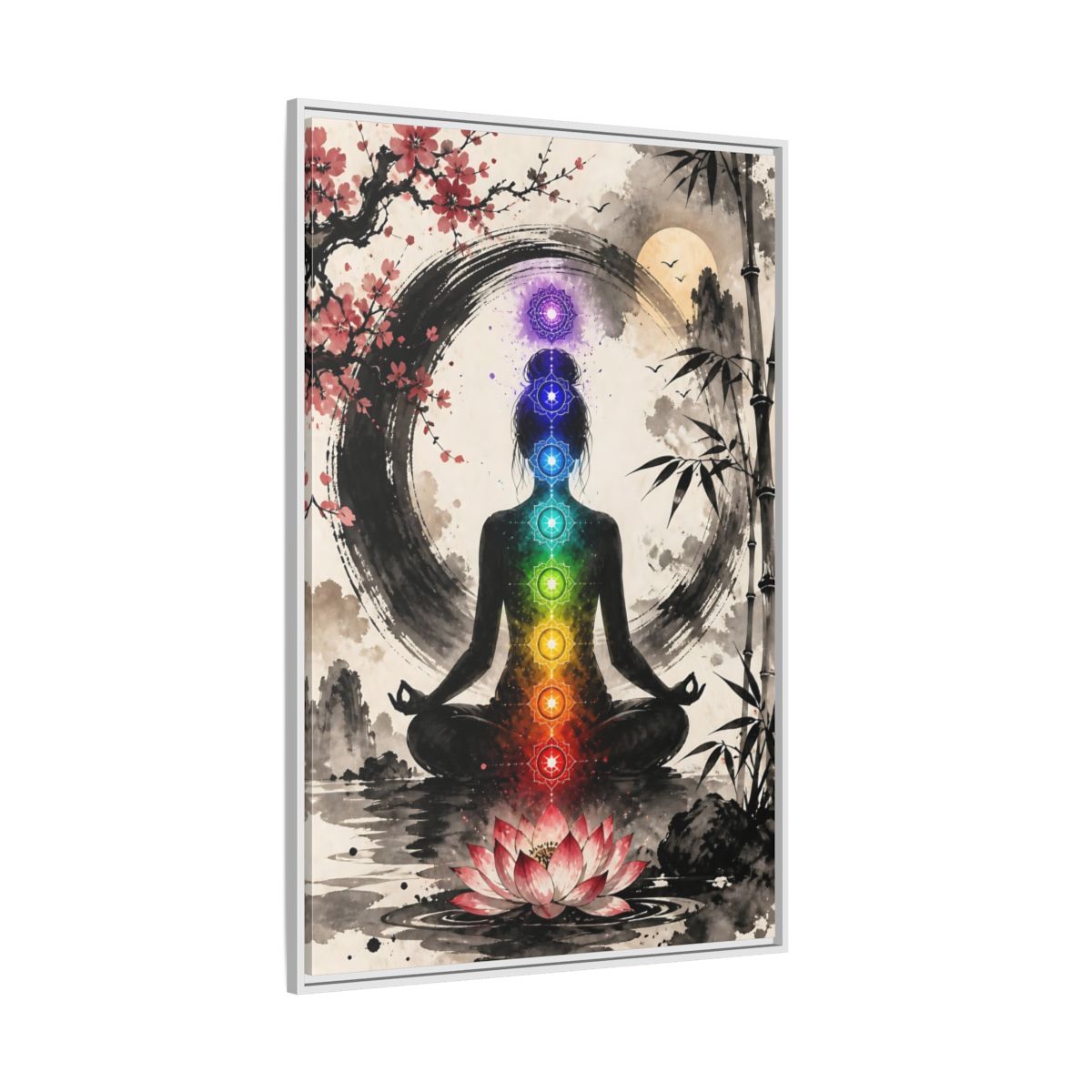 Side Mockup 7. Yoga Chakra Silhouette shown as framed canvas print