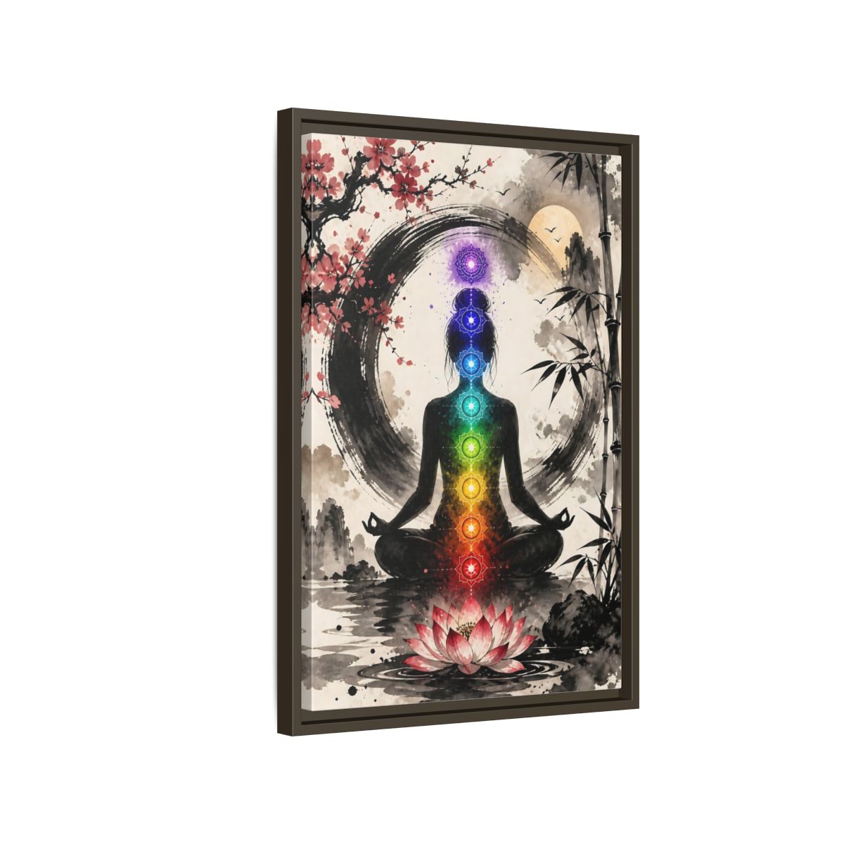 Side Mockup 2. Yoga Chakra Silhouette shown as framed canvas print