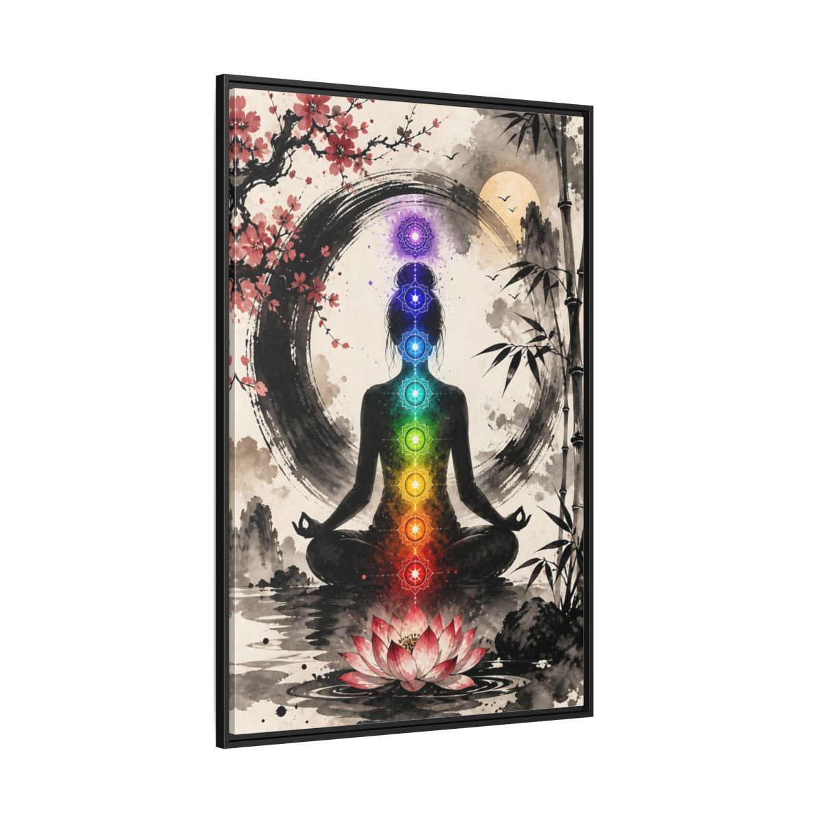 Side Mockup 12. Yoga Chakra Silhouette shown as framed canvas print