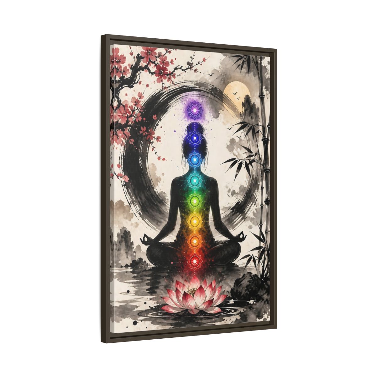 Side Mockup 11. Yoga Chakra Silhouette shown as framed canvas print