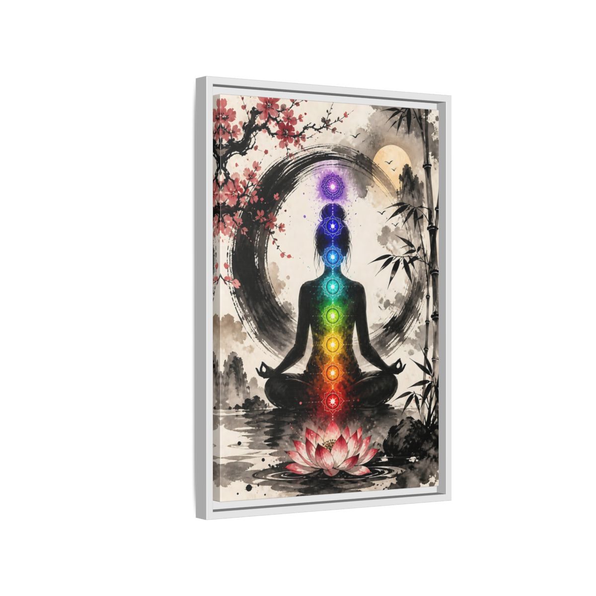 Side Mockup 1. Yoga Chakra Silhouette shown as framed canvas print