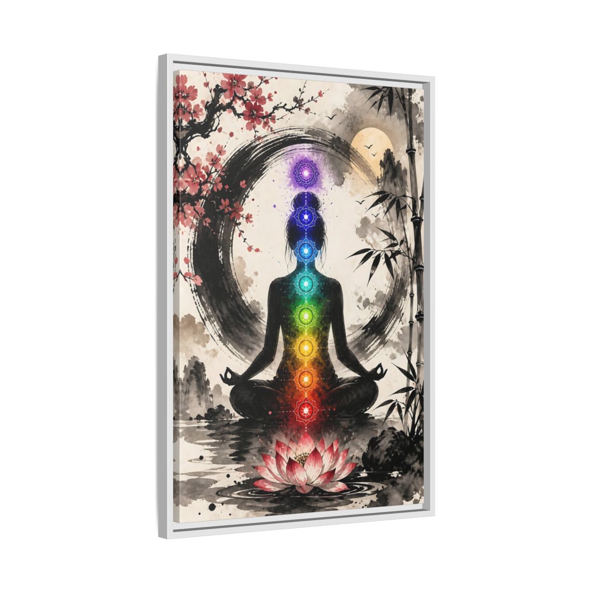 Side Mockup 10. Yoga Chakra Silhouette shown as framed canvas print