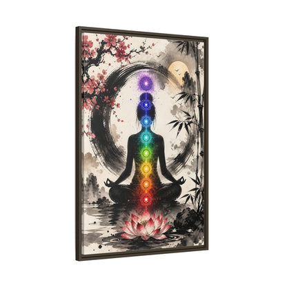 Main Mockup. Yoga Chakra Silhouette shown as framed canvas print