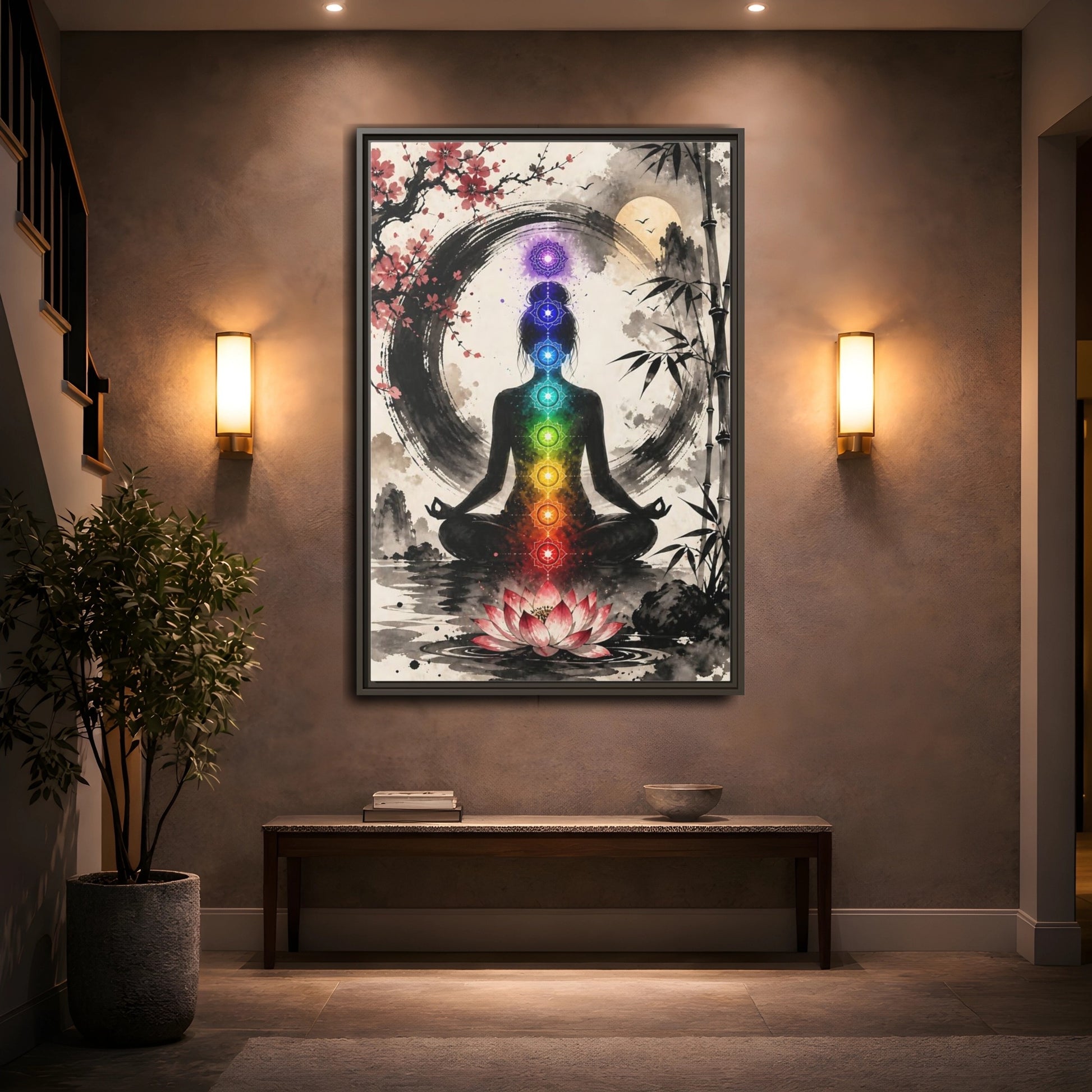 Mockup 2. Yoga Chakra Silhouette shown as framed canvas print