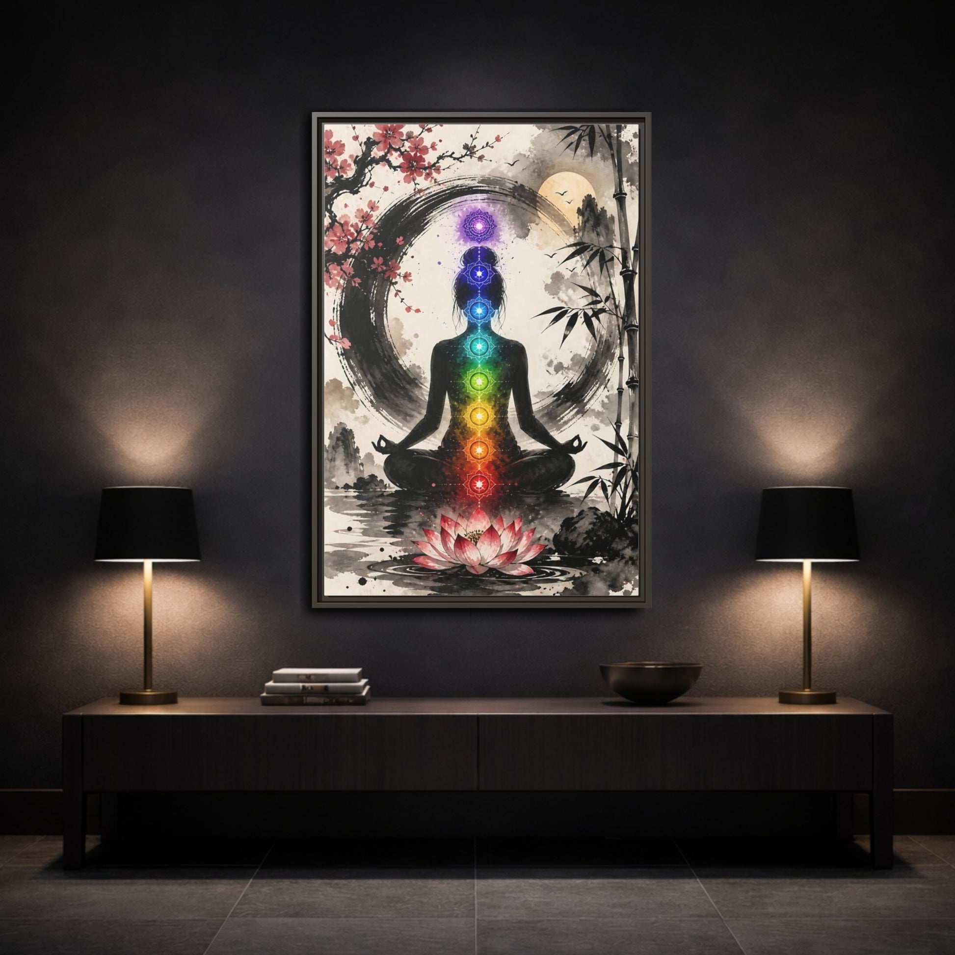 Mockup 3. Yoga Chakra Silhouette shown as framed canvas print