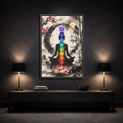 Mockup 3. Yoga Chakra Silhouette shown as framed canvas print