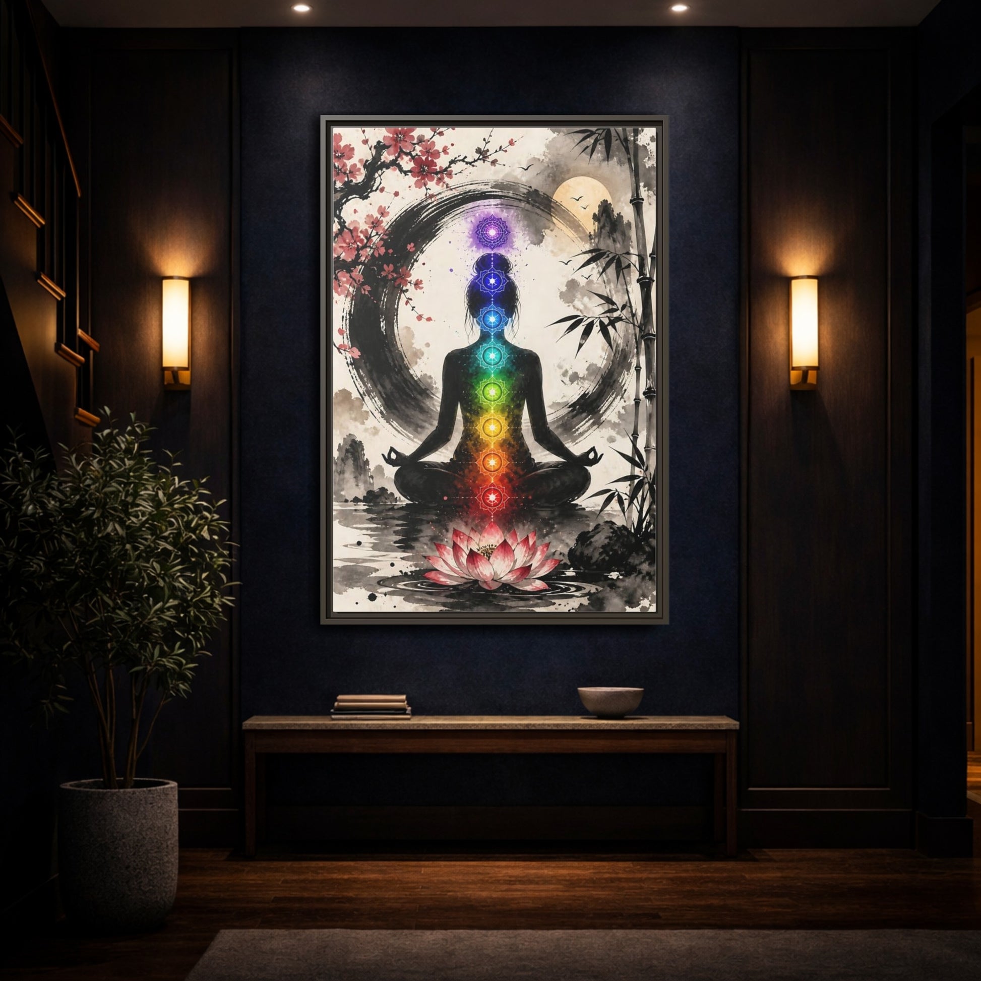 Mockup 4. Yoga Chakra Silhouette shown as framed canvas print