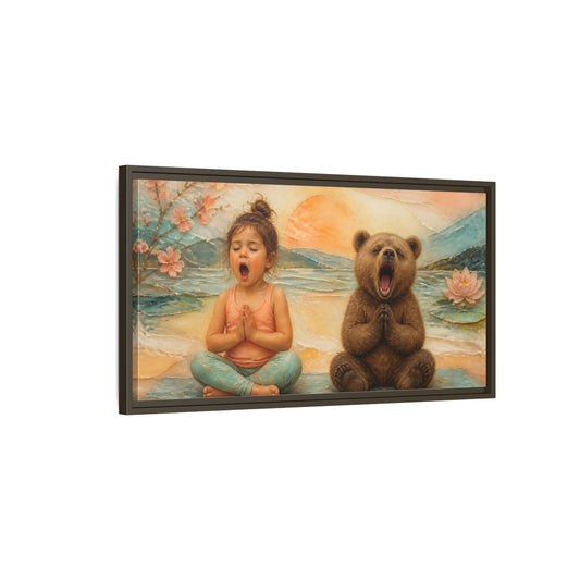 Main Mockup. Yoga Girl & Bear shown as framed canvas print