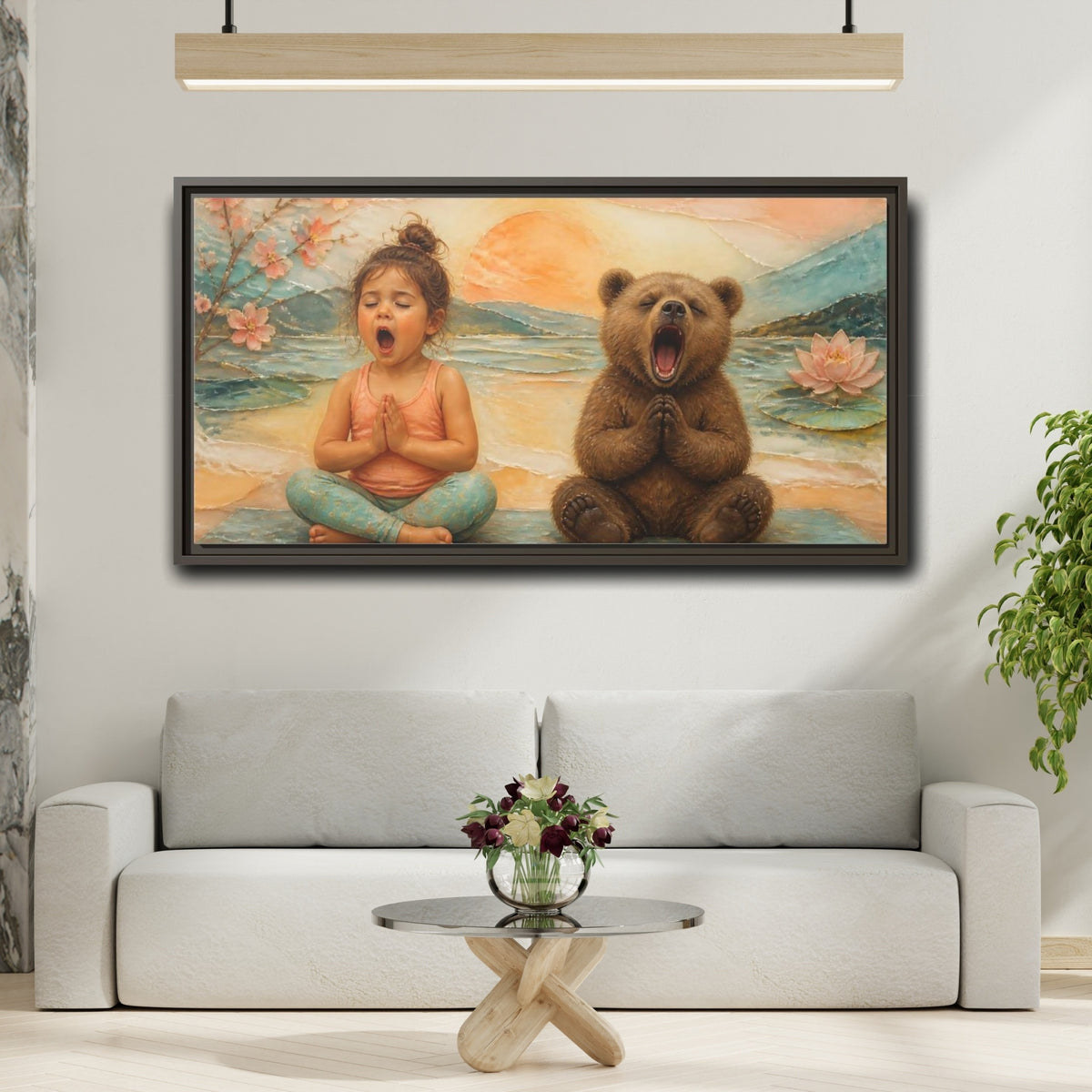 Mockup 2. Yoga Girl & Bear shown as framed canvas print