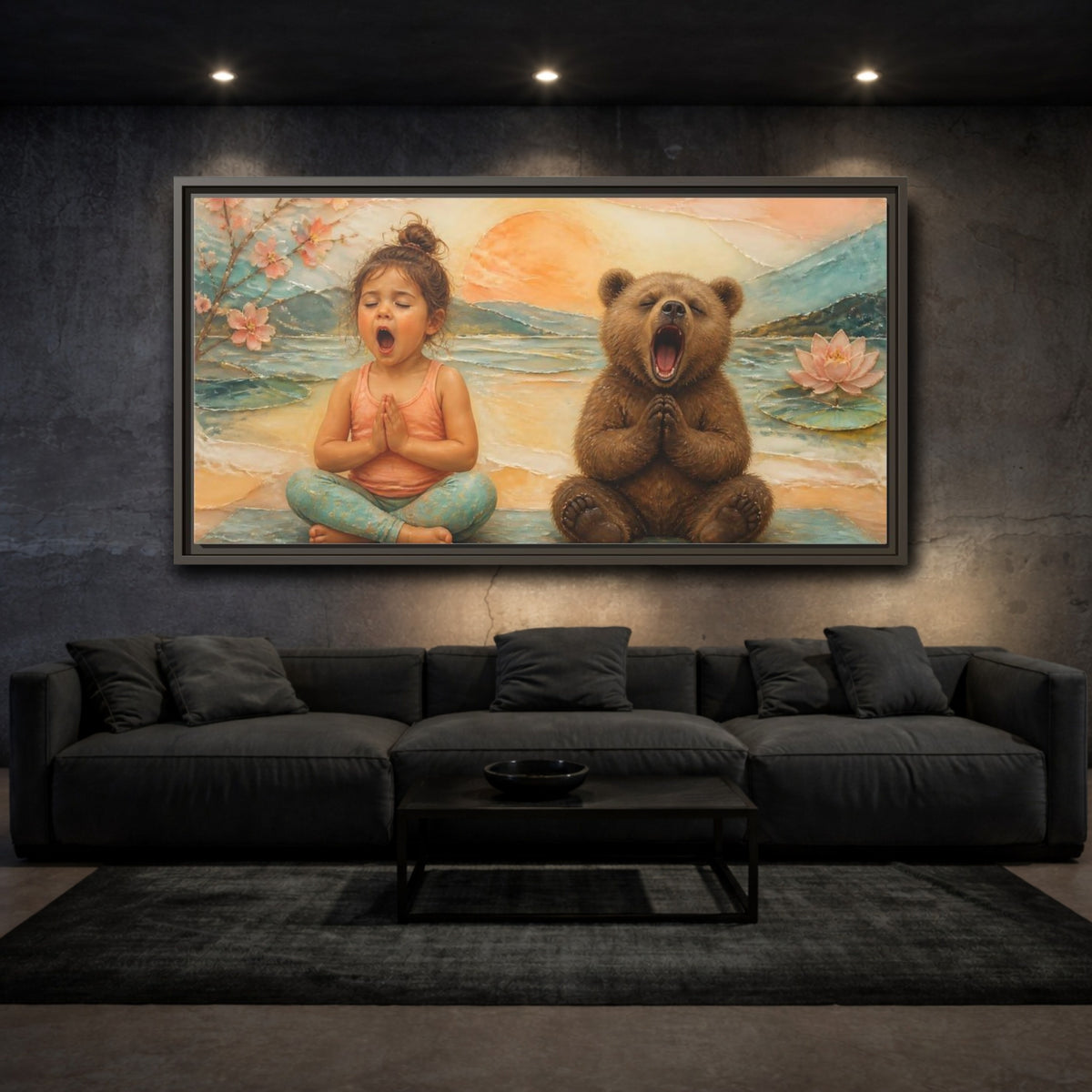 Mockup 3. Yoga Girl & Bear shown as framed canvas print