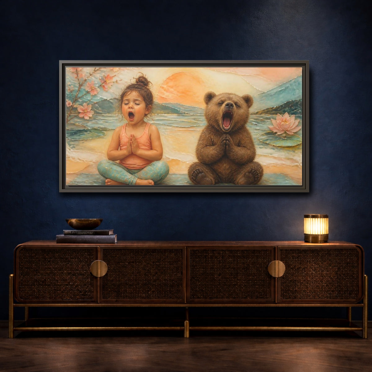 Mockup 4. Yoga Girl & Bear shown as framed canvas print
