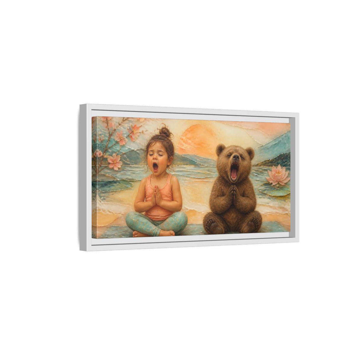 Side Mockup 6. Yoga Girl & Bear shown as framed canvas print