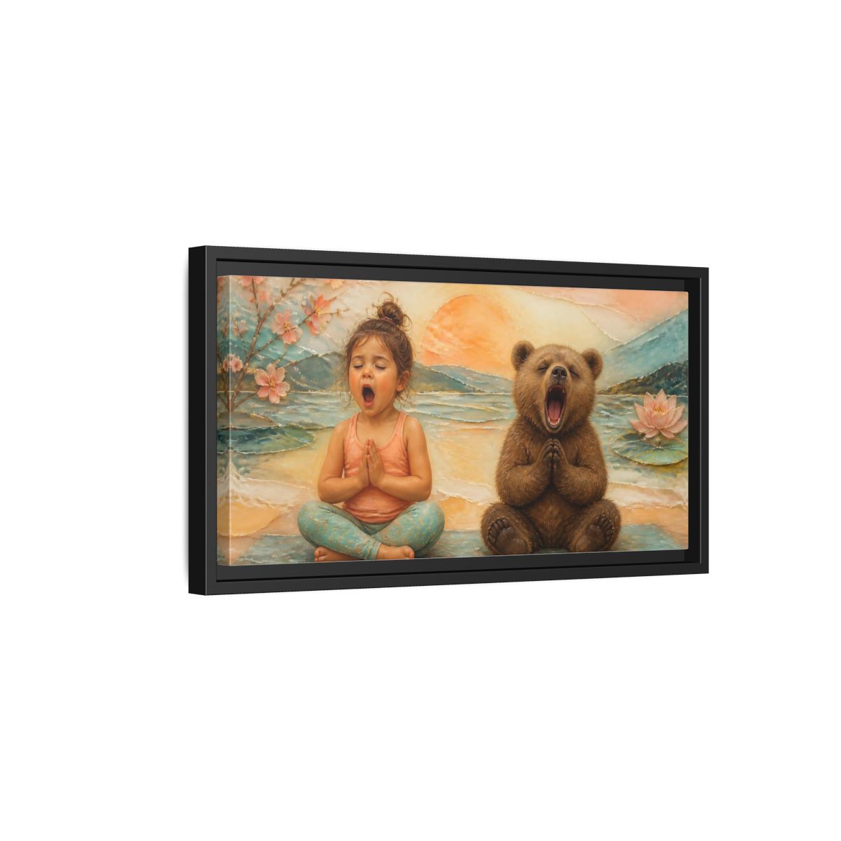 Side Mockup 8. Yoga Girl & Bear shown as framed canvas print