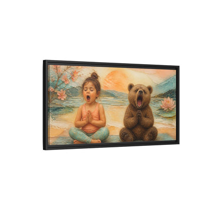Side Mockup 2. Yoga Girl & Bear shown as framed canvas print