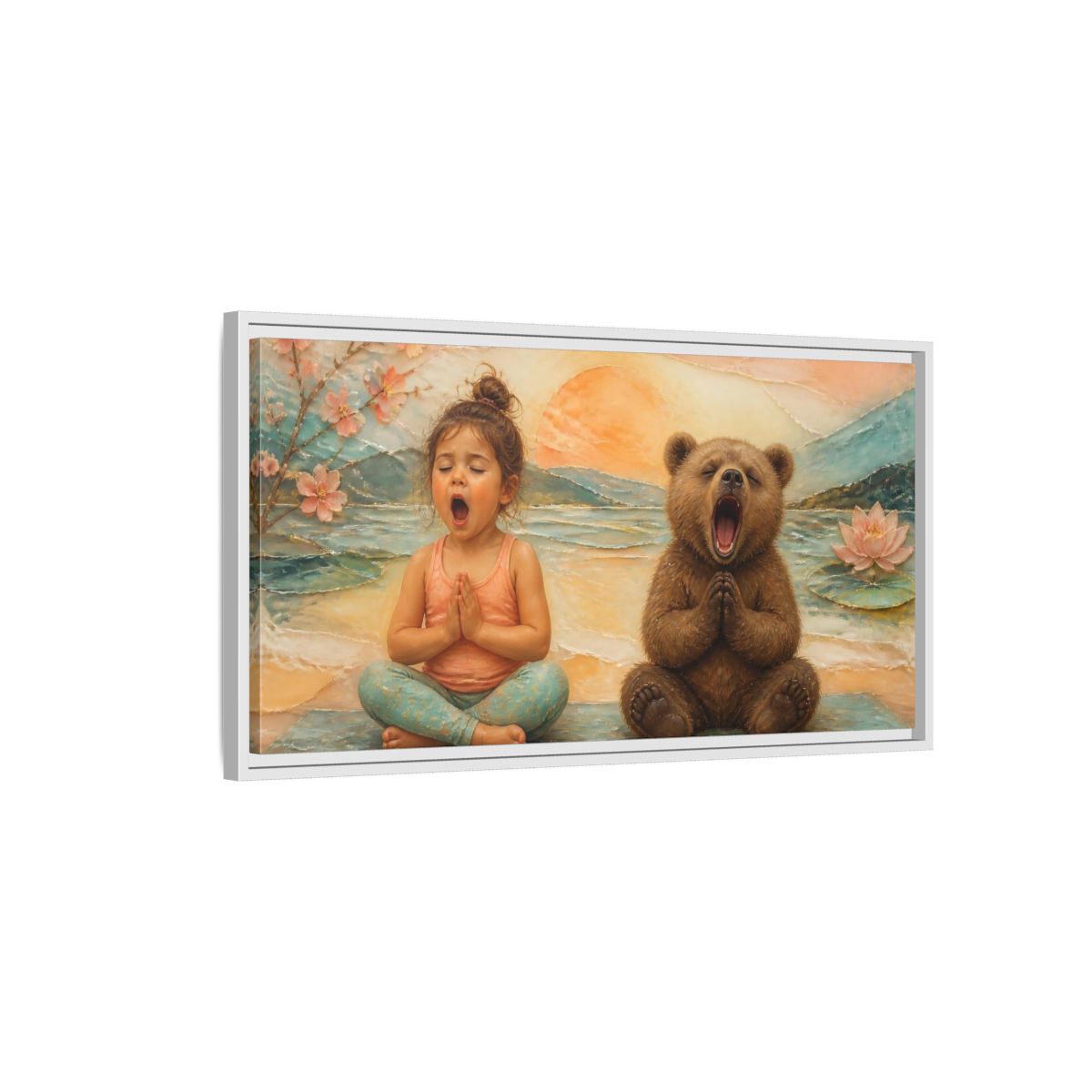 Side Mockup 1. Yoga Girl & Bear shown as framed canvas print