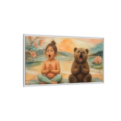 Side Mockup 3. Yoga Girl & Bear shown as framed canvas print