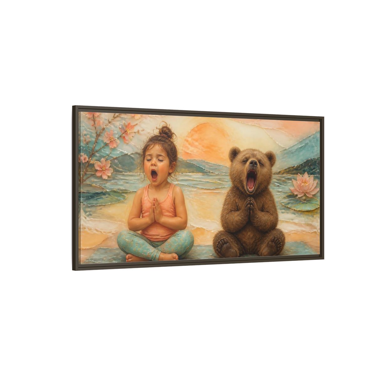 Side Mockup 4. Yoga Girl & Bear shown as framed canvas print