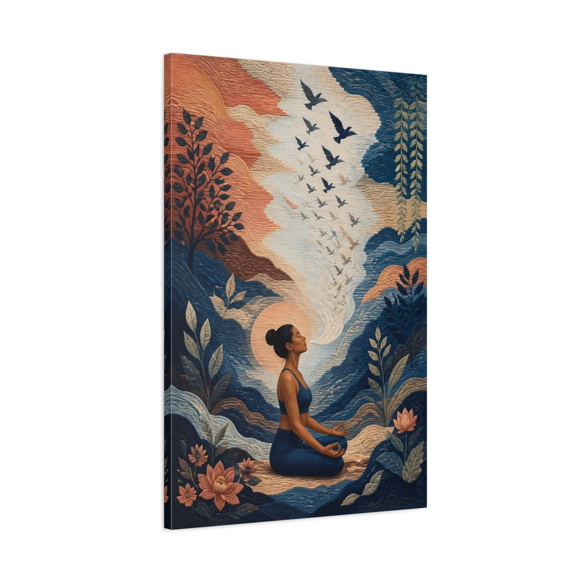 Main Mockup. Yoga Meditating Woman shown as canvas print