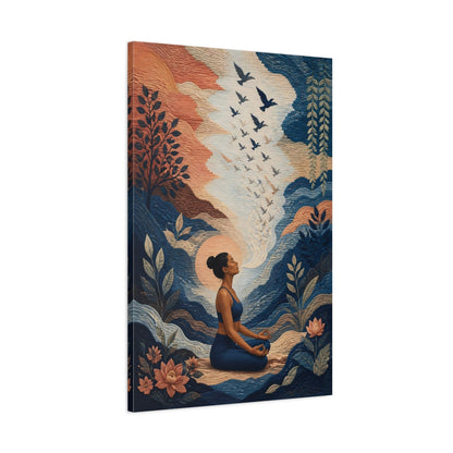 Main Mockup. Yoga Meditating Woman shown as canvas print