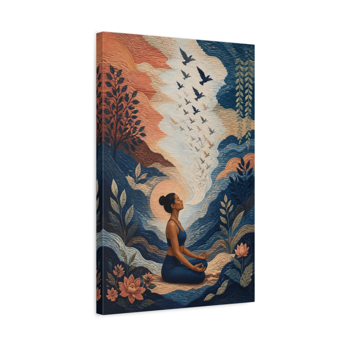 Side Mockup 3. Yoga Meditating Woman shown as canvas print