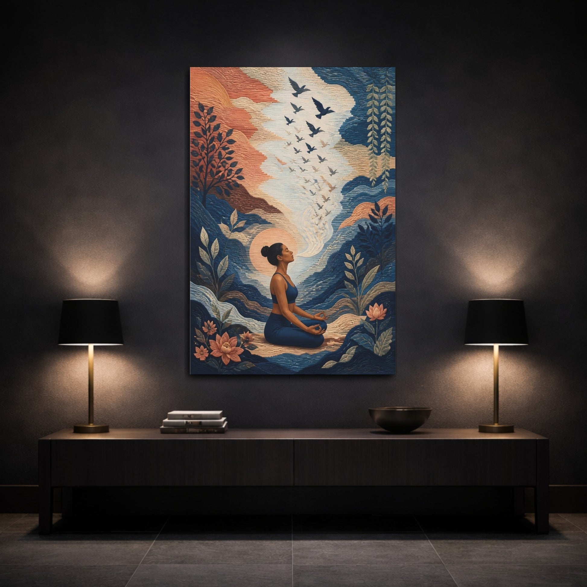 Mockup 3. Yoga Meditating Woman shown as canvas print