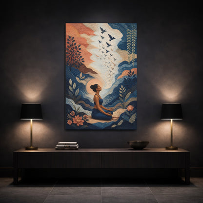 Mockup 3. Yoga Meditating Woman shown as canvas print