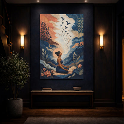 Mockup 4. Yoga Meditating Woman shown as canvas print
