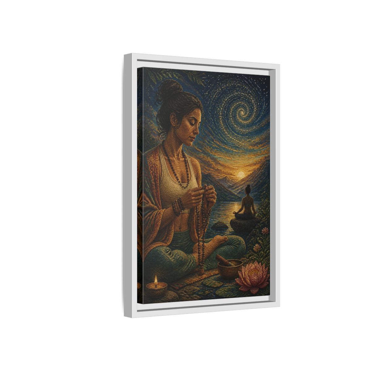 Side Mockup 4. Yoga Meditation With Mala shown as framed canvas print