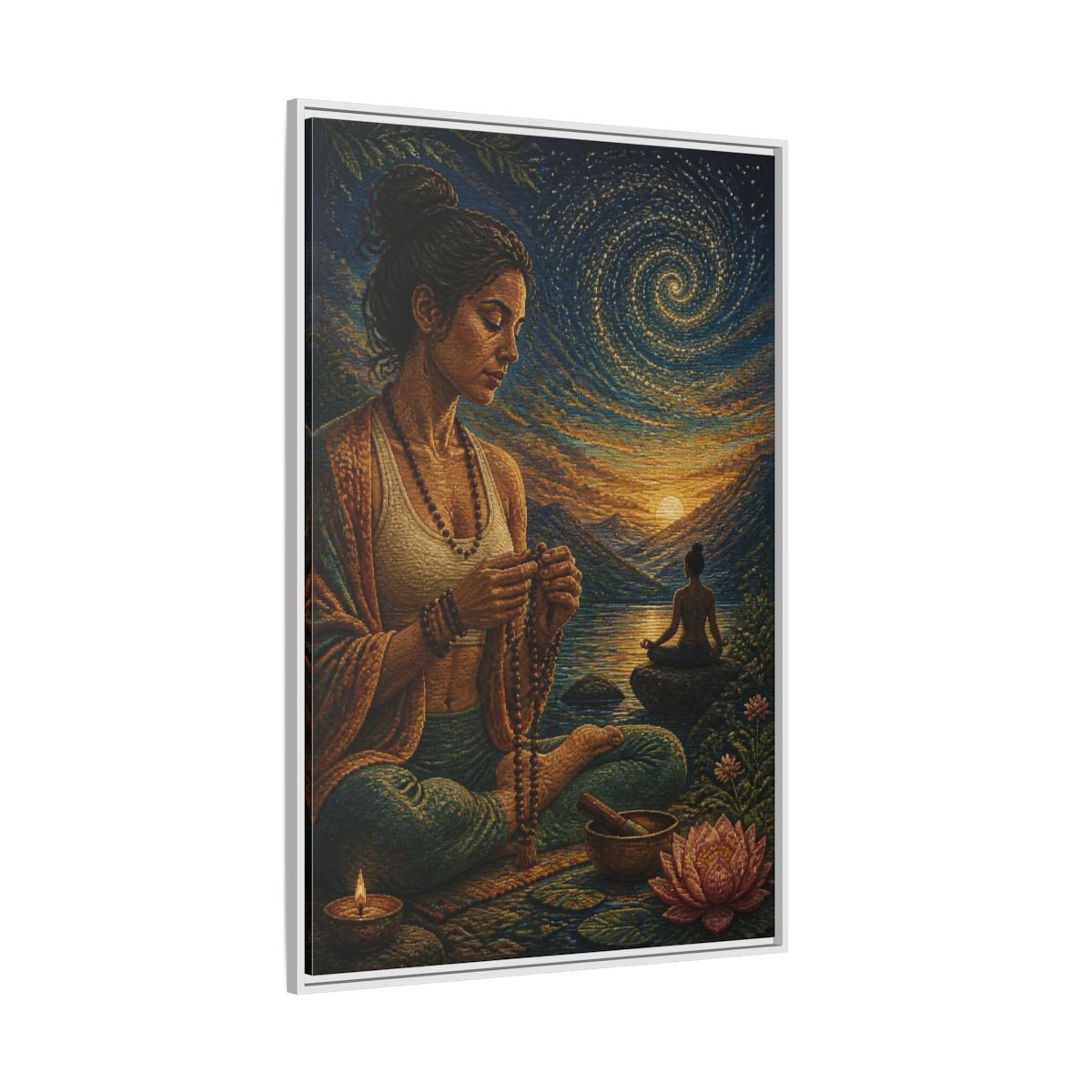 Side Mockup 7. Yoga Meditation With Mala shown as framed canvas print