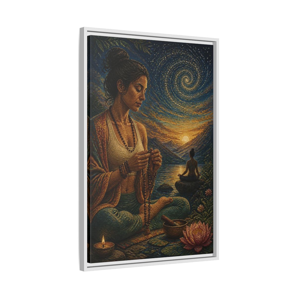Side Mockup 10. Yoga Meditation With Mala shown as framed canvas print