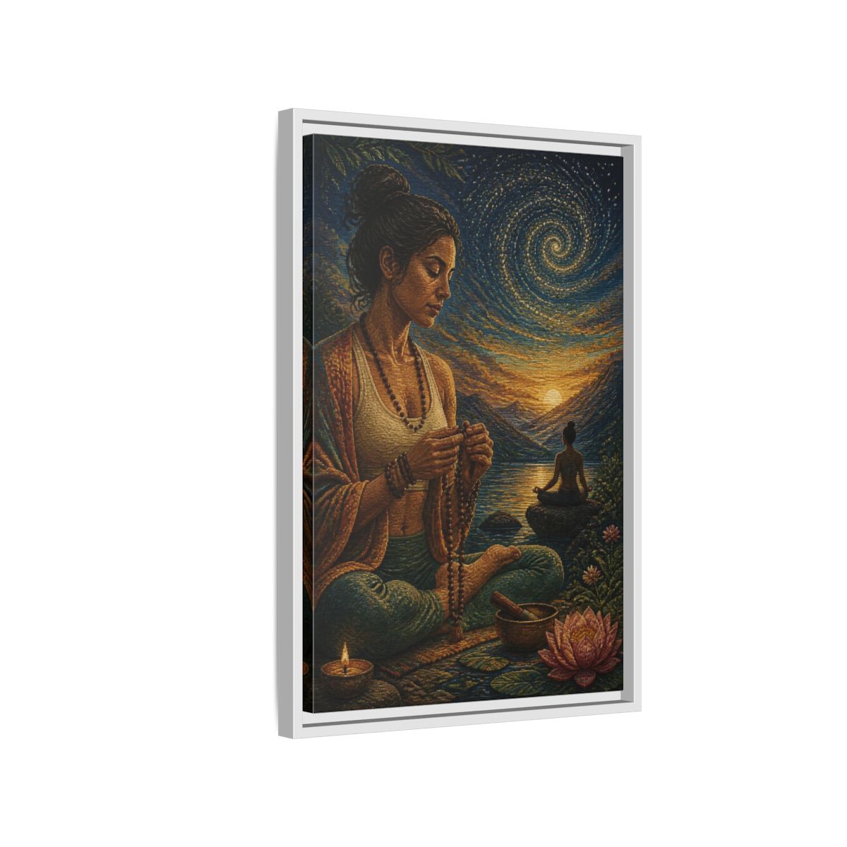 Side Mockup 1. Yoga Meditation With Mala shown as framed canvas print