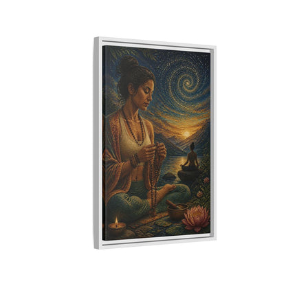 Side Mockup 1. Yoga Meditation With Mala shown as framed canvas print