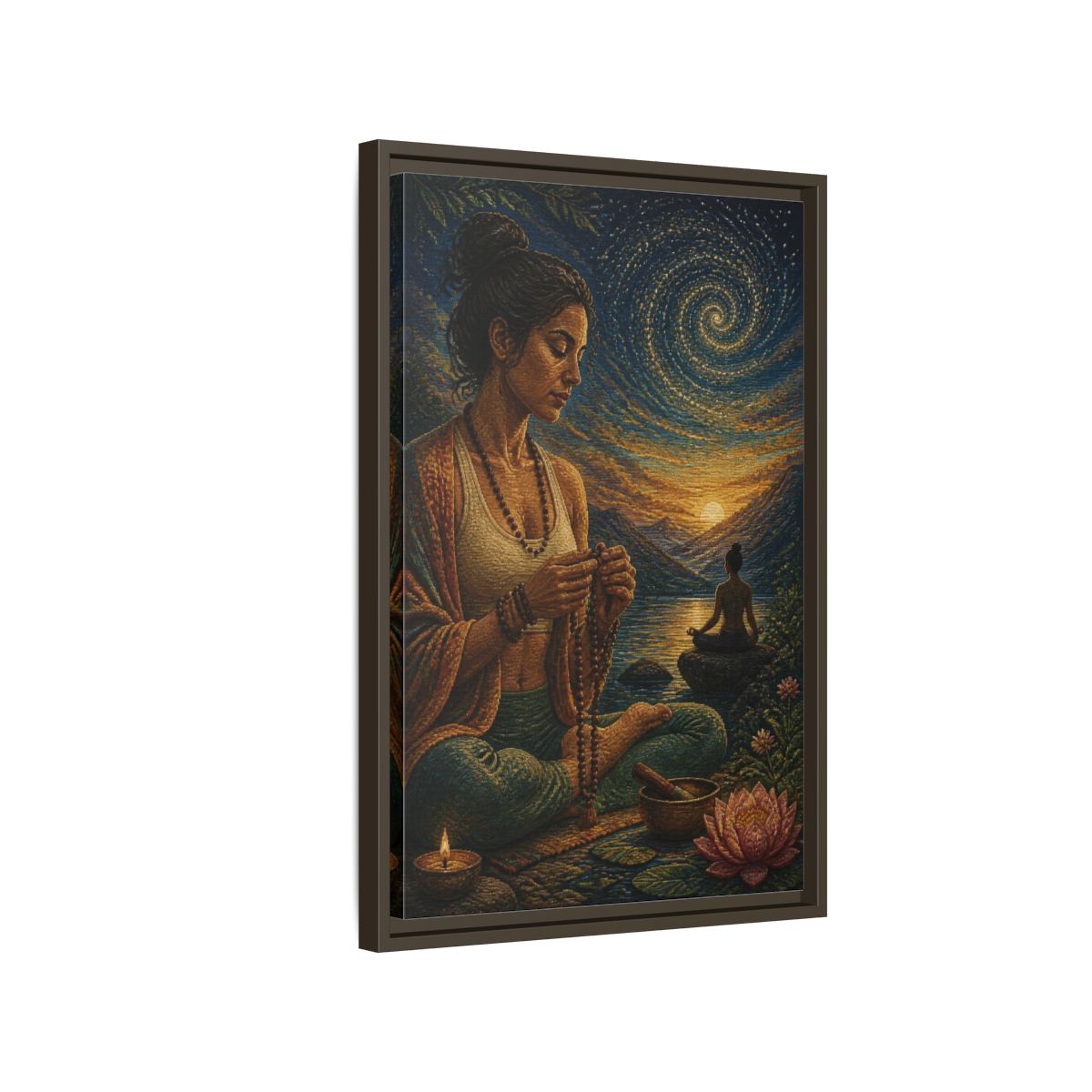 Side Mockup 2. Yoga Meditation With Mala shown as framed canvas print