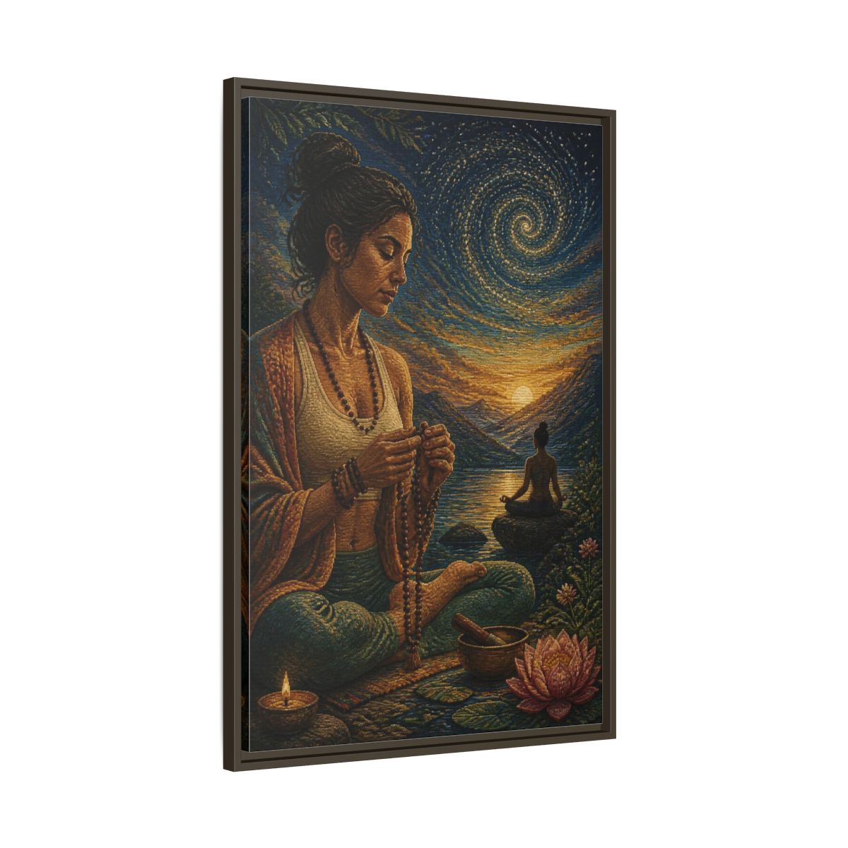 Main Mockup. Yoga Meditation With Mala shown as framed canvas print