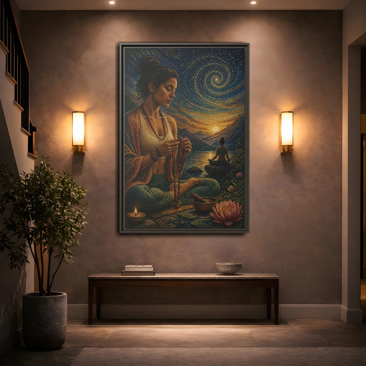 Mockup 2. Yoga Meditation With Mala shown as framed canvas print