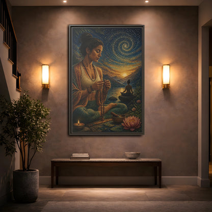 Mockup 2. Yoga Meditation With Mala shown as framed canvas print