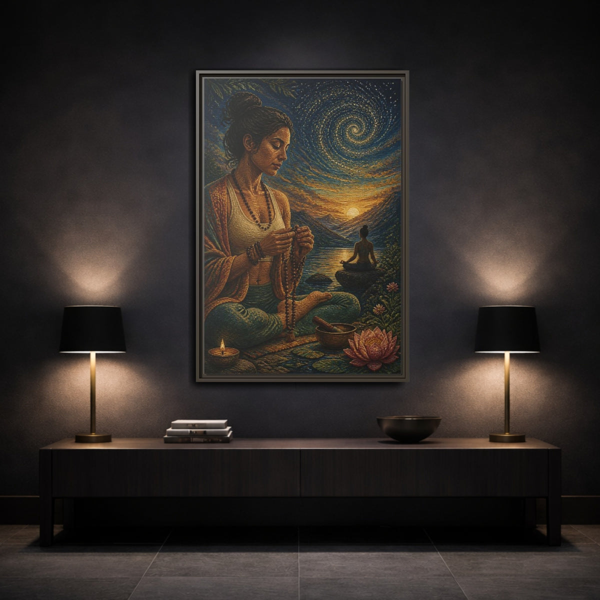 Mockup 3. Yoga Meditation With Mala shown as framed canvas print