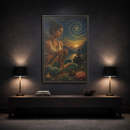 Mockup 3. Yoga Meditation With Mala shown as framed canvas print