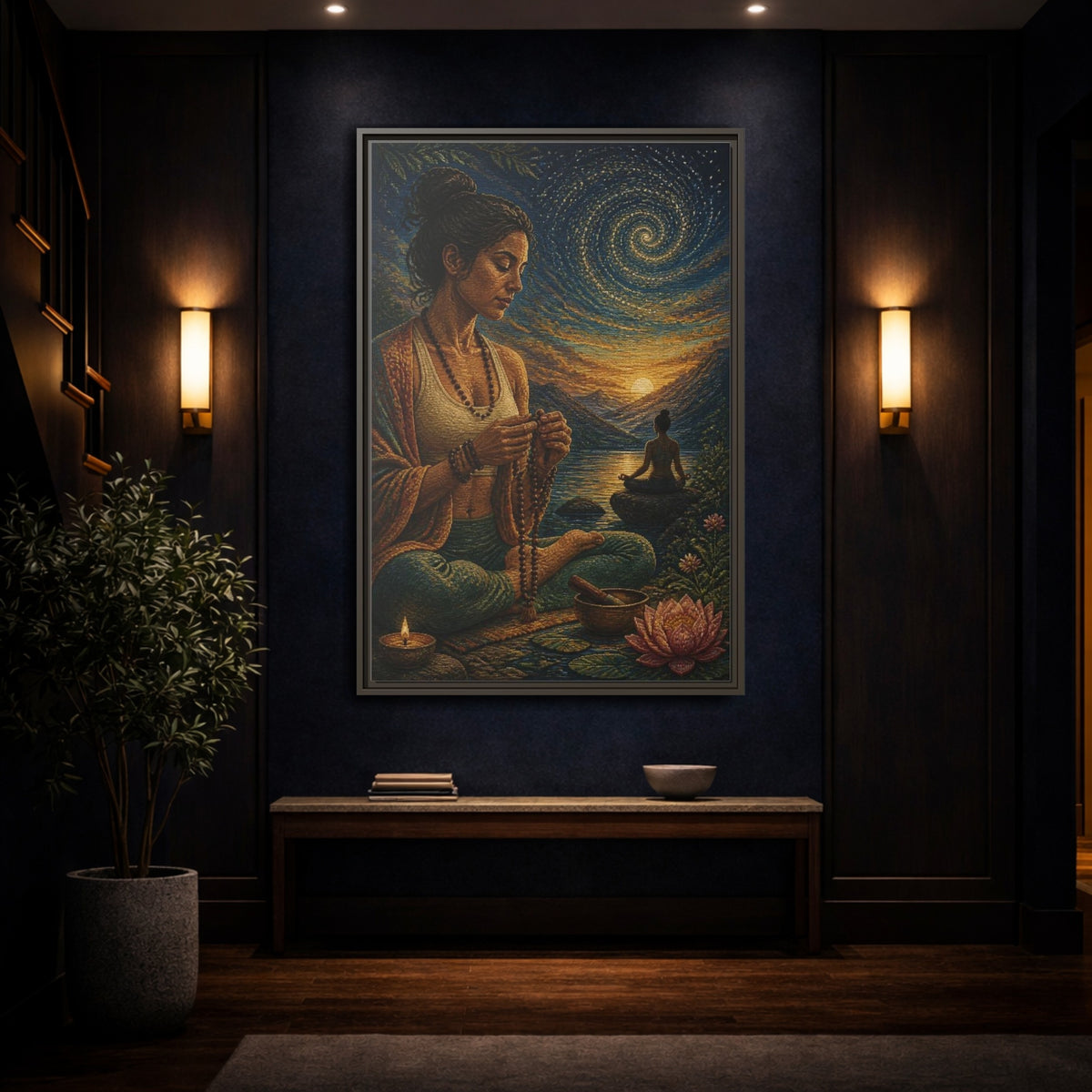 Mockup 4. Yoga Meditation With Mala shown as framed canvas print