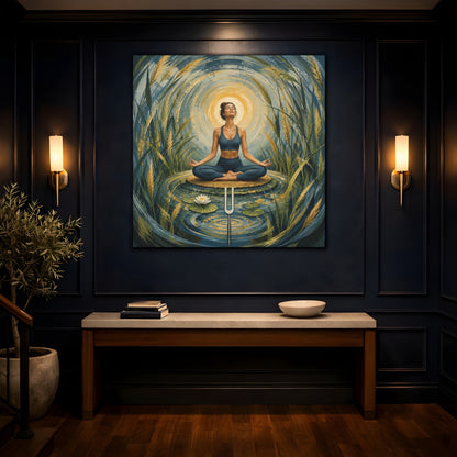 Mockup 4. Yoga Meditation Woman shown as canvas print