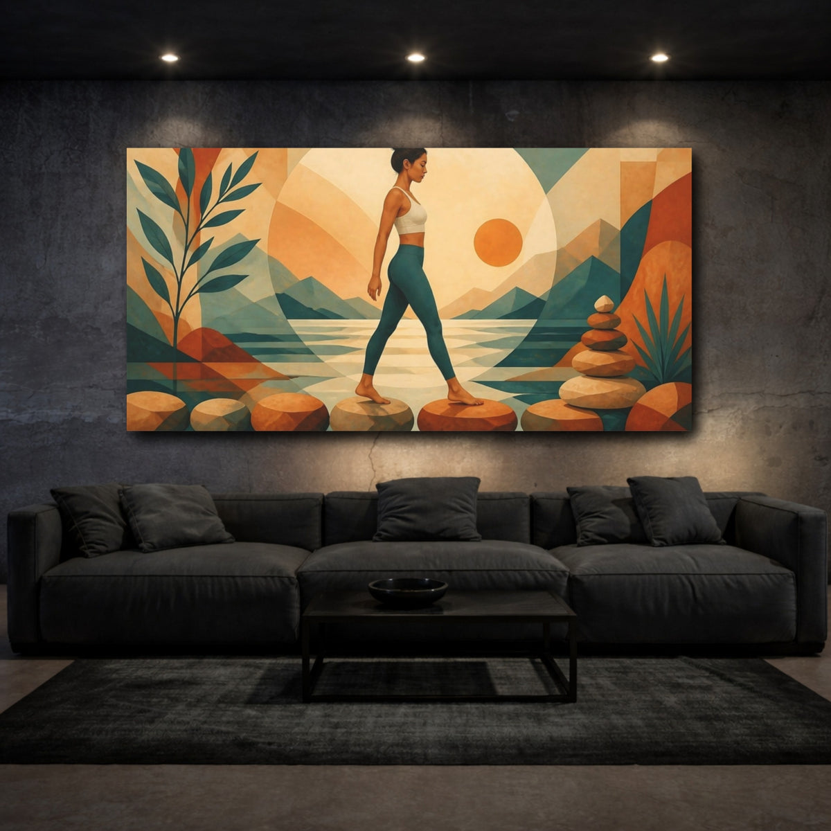 Mockup 3. Yoga Woman On Stones shown as canvas print