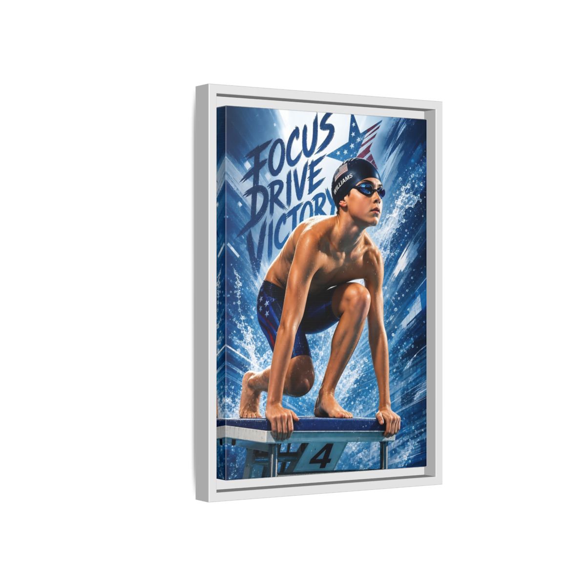 Side Mockup 4. Young Competitive Swimmer shown as framed canvas print