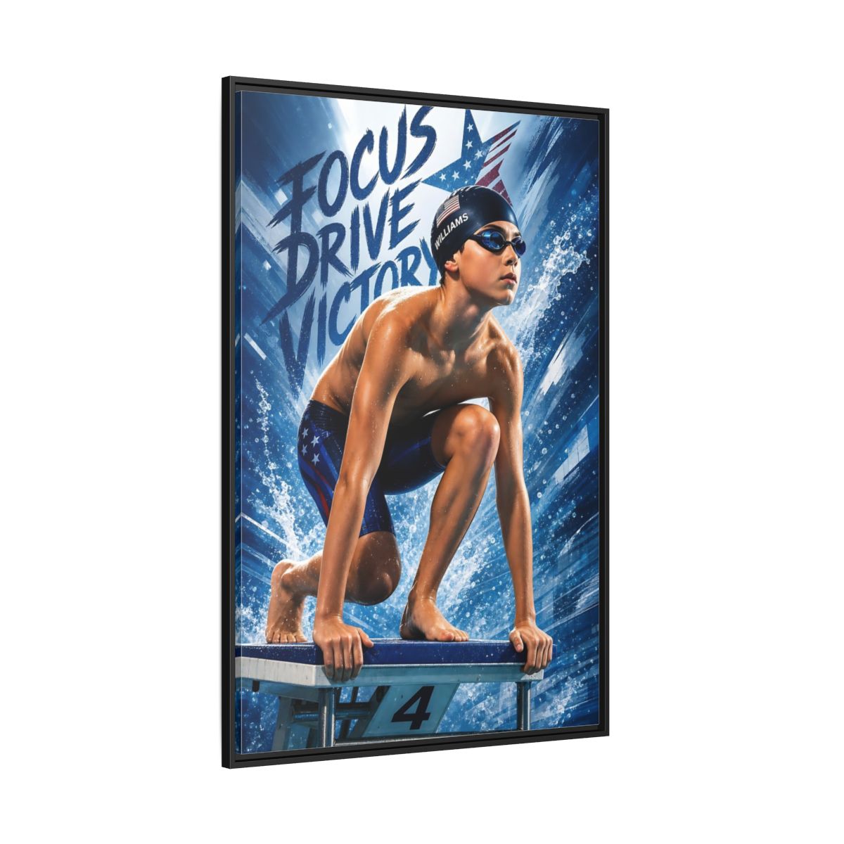 Side Mockup 12. Young Competitive Swimmer shown as framed canvas print